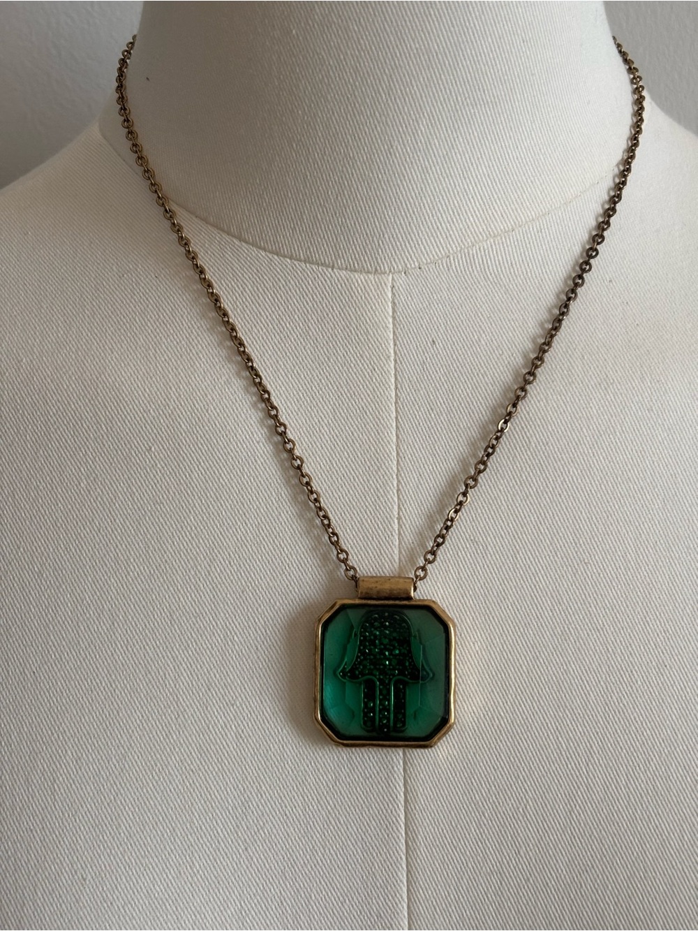 Lucky Brand Gold-Tone Hamsa Pendant Necklace with Green Resin Inlay